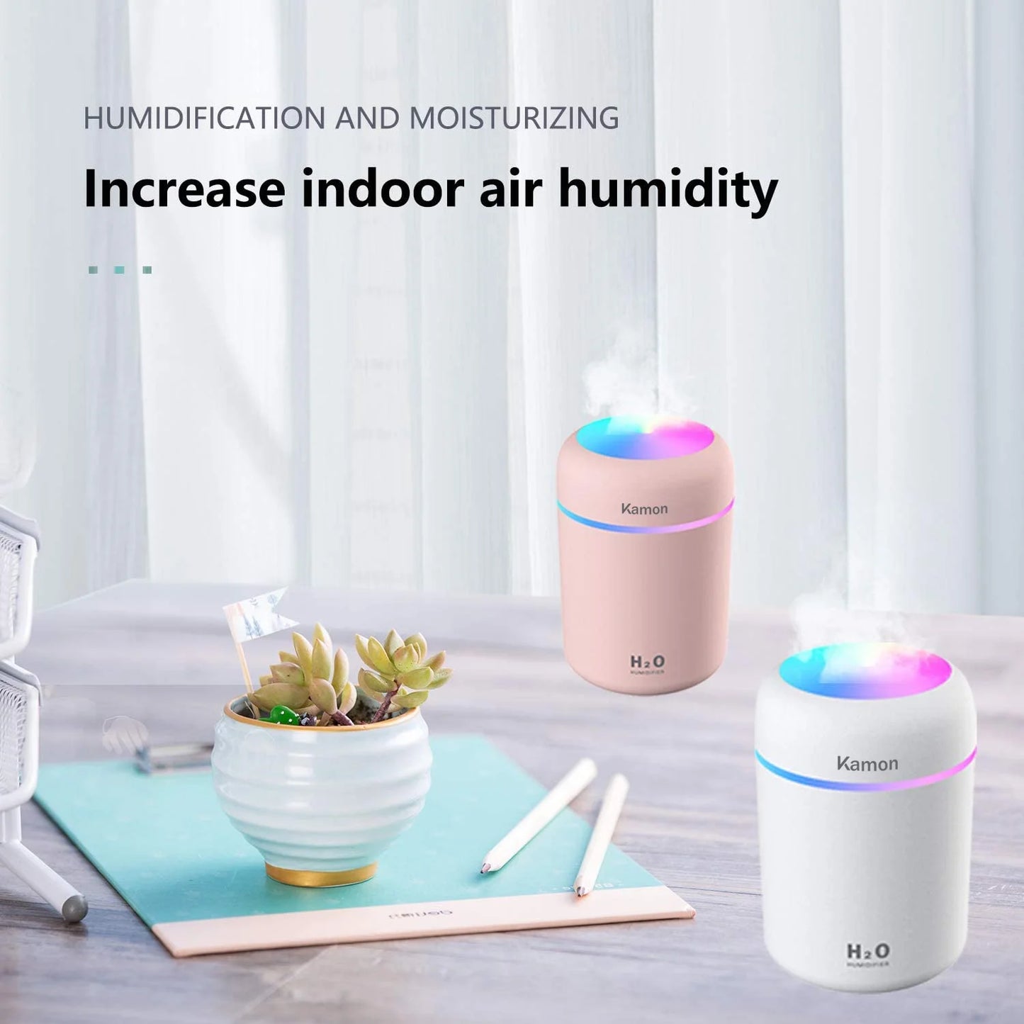 300Ml Mist Humidifier USB, Colorful, Quiet, with Night Light for Car,Room, Office, Travel White